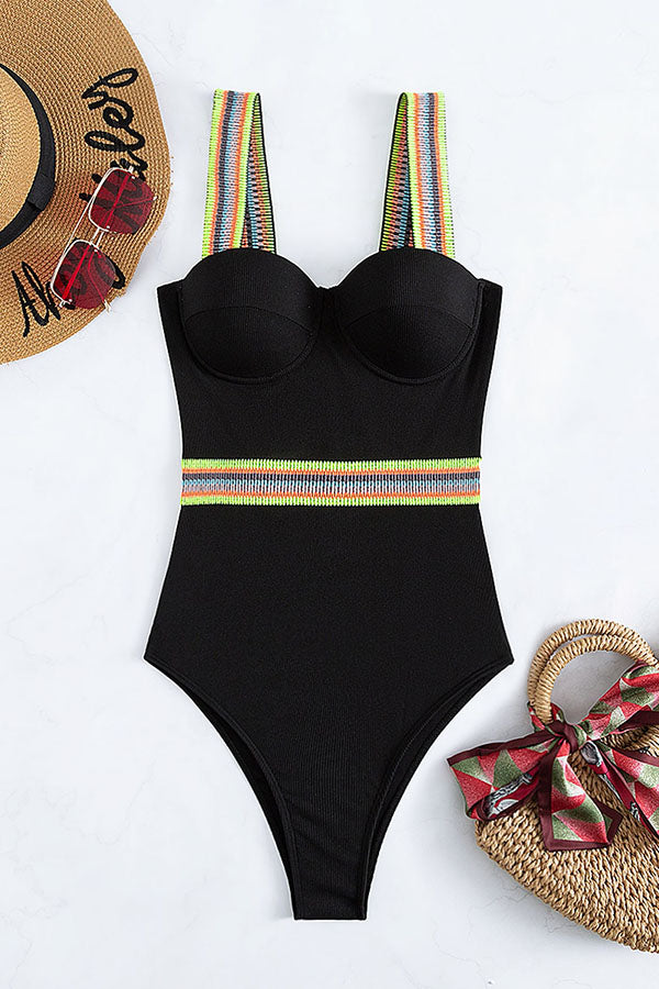 Black Wide Strap One Piece Swimsuit-Charmo