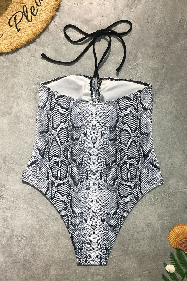 Animal Print Cutout Lace-up One-Piece Swimsuit-Charmo