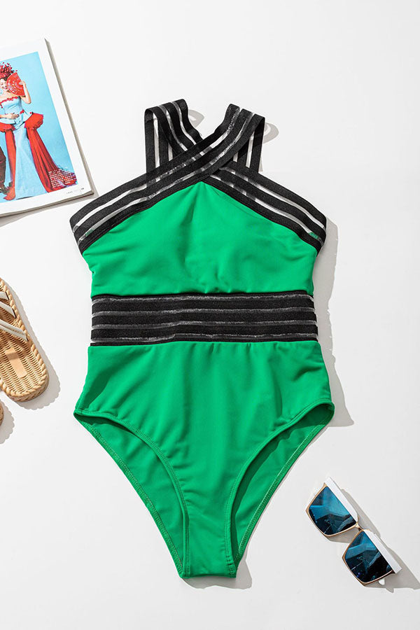 Stripe Mesh Crisscross One Piece Swimsuit-Charmo