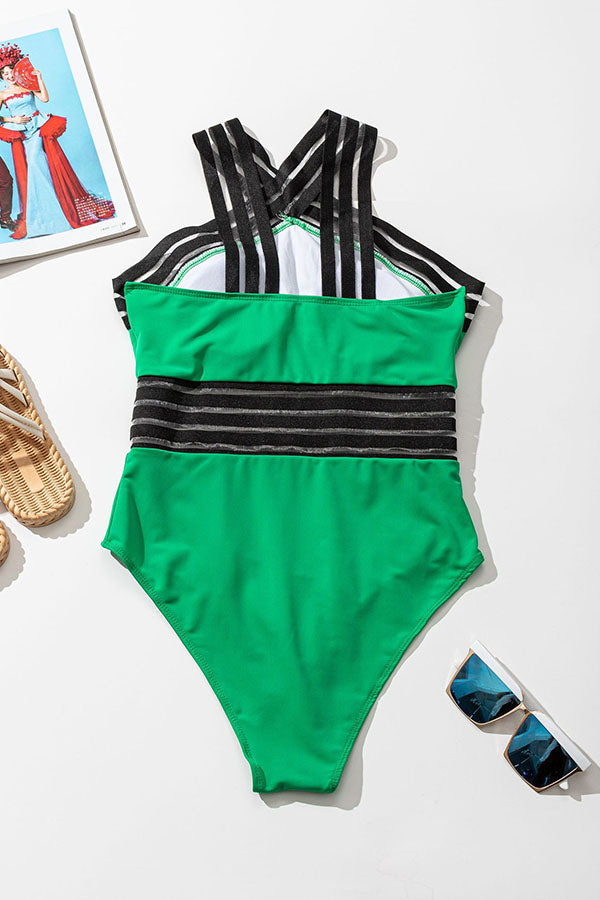 Stripe Mesh Crisscross One Piece Swimsuit-Charmo