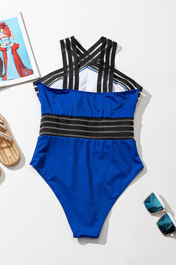 Stripe Mesh Crisscross One Piece Swimsuit-Charmo