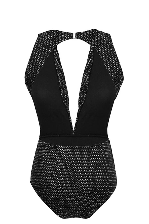 V-neck Cut Out Chain Backless One Piece Swimsuit-Charmo