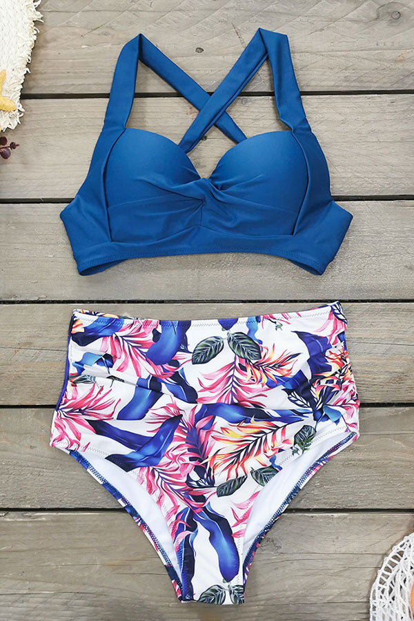 Tropical Plant Knot Push Up High Waist Bikini Swimsuit-Charmo
