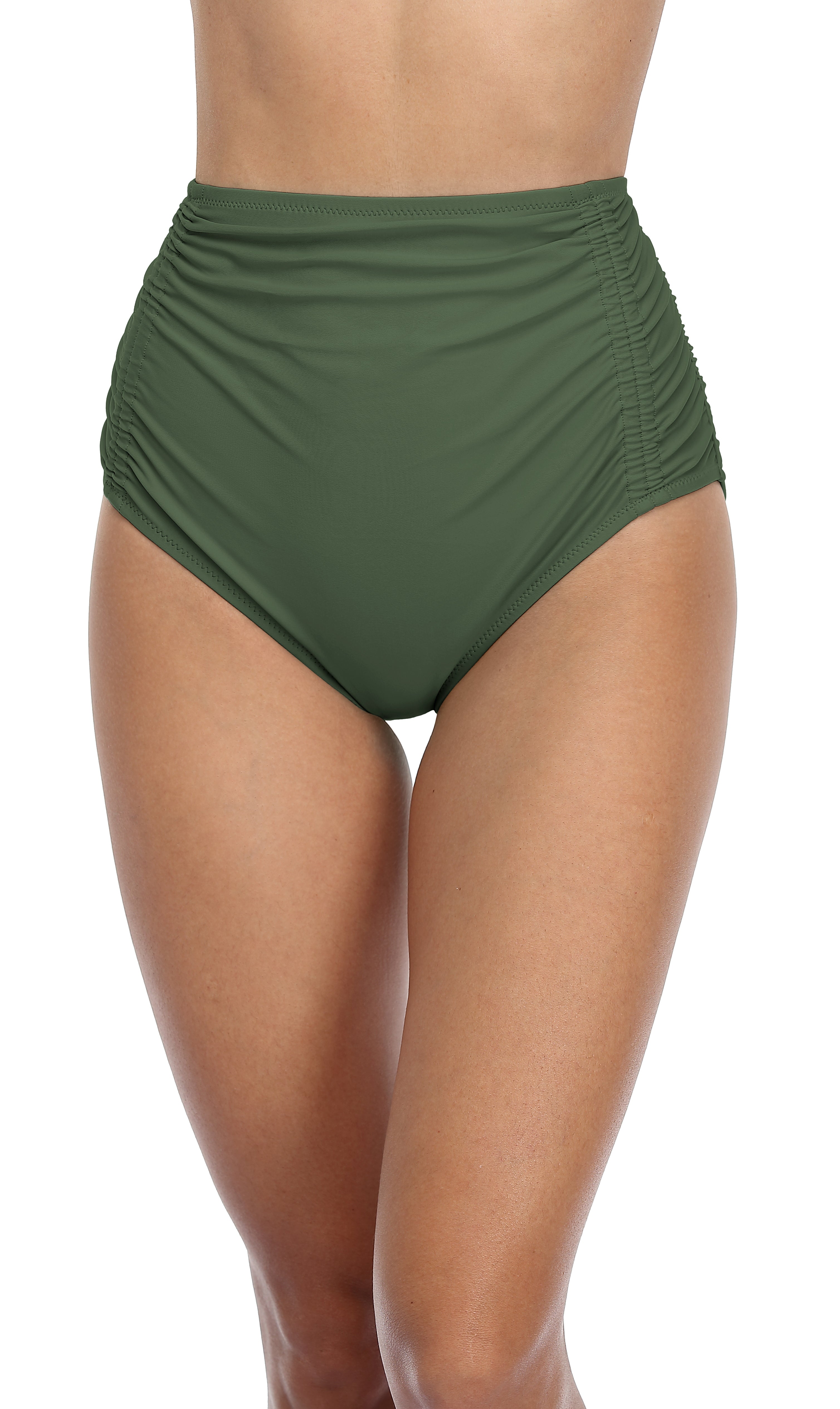 Solid High Waisted Pleated Full Swim Trunks-Charmo