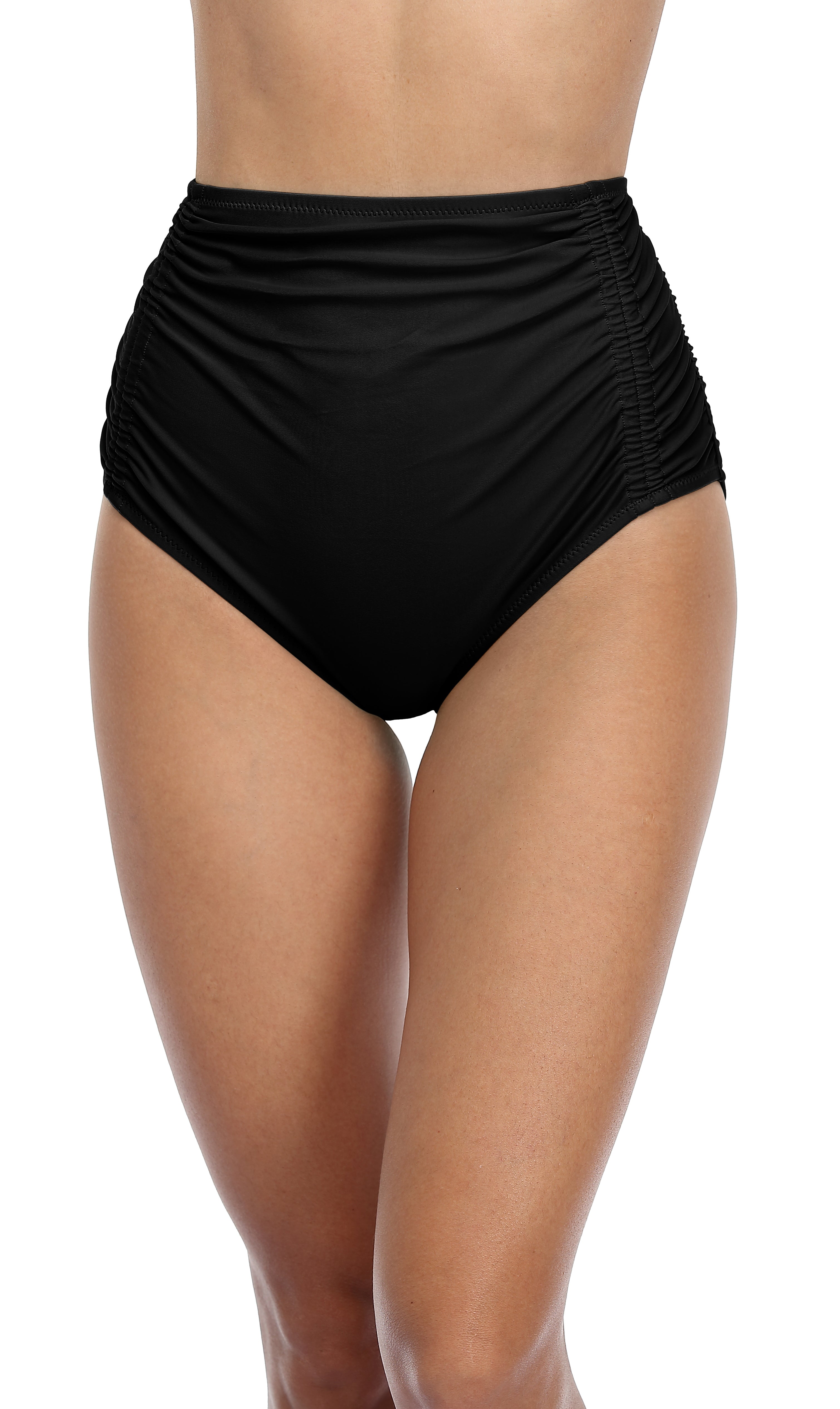 Solid High Waisted Pleated Full Swim Trunks-Charmo