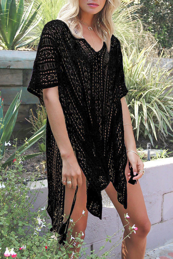 Hollow Out Side Tie Crochet One Piece Cover Up Dress-Charmo