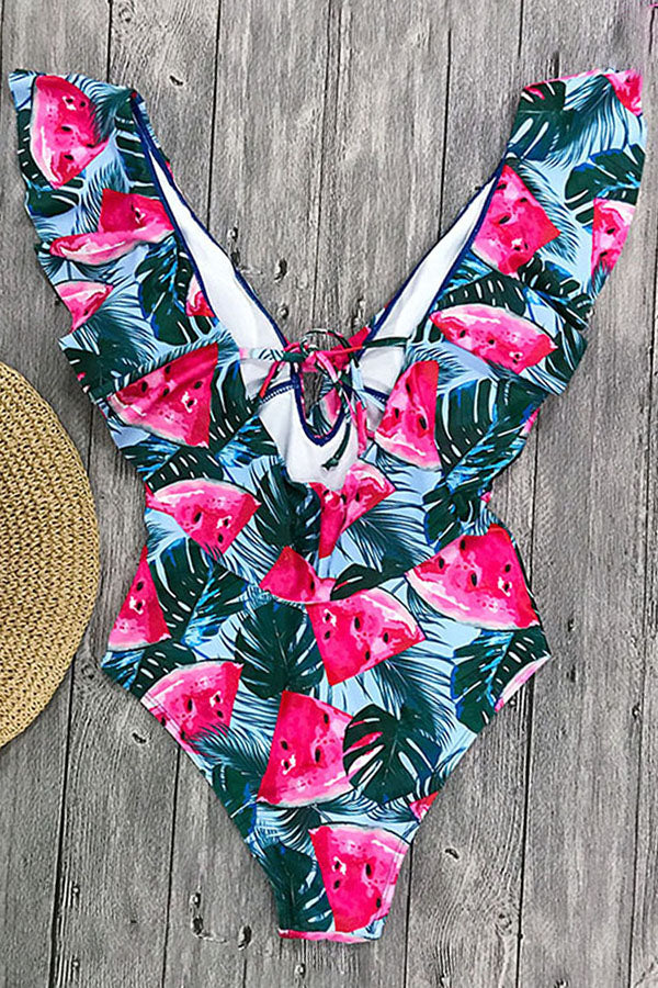 Random Floral Print Ruffle Cut-out One Piece Swimsuit