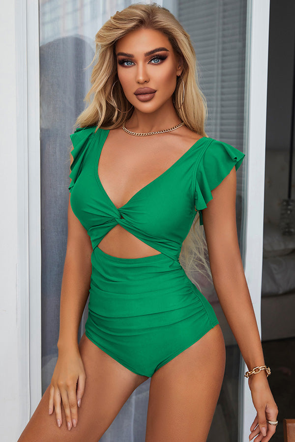 Twist Cut Out Ruched Side Butterfly Sleeve One Piece Swimsuit