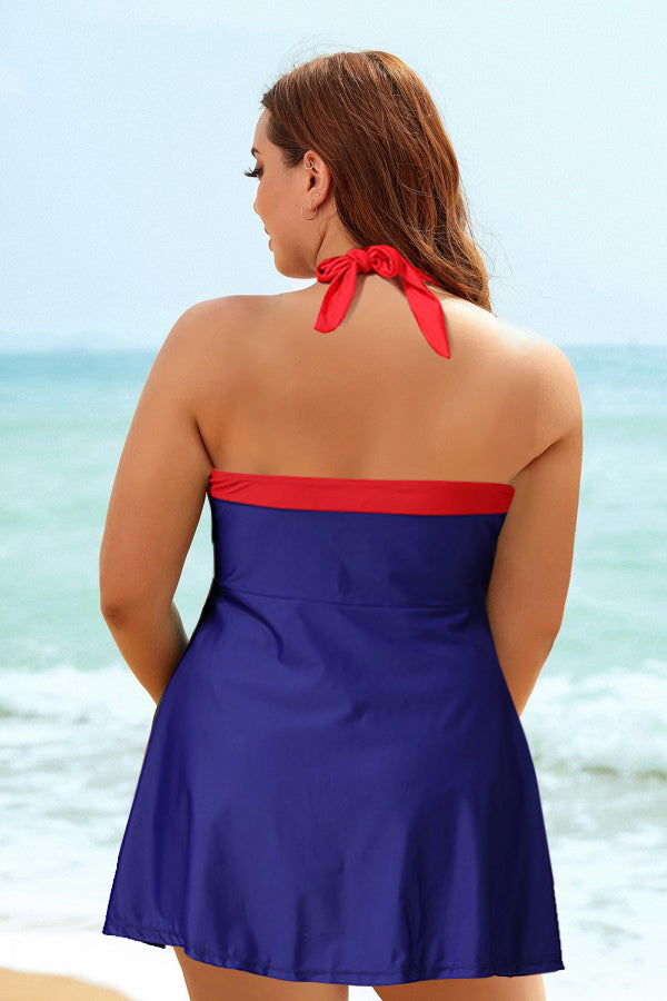 Plus Size American Flag Print Halter One Piece Swimsuit-Charmo