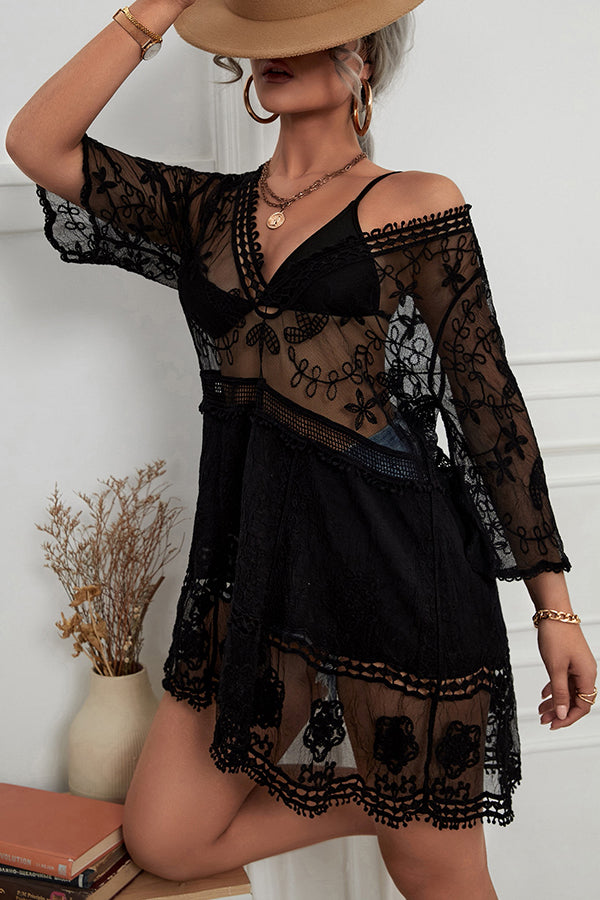 V-Neck Tassel Lace One Piece Cover Up Dress-Charmo