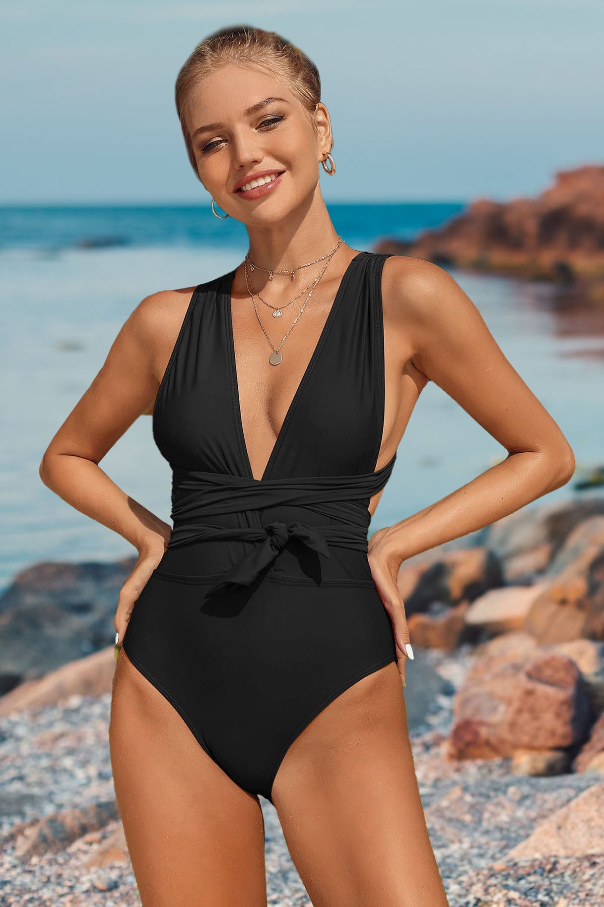 Black High Neck Ruched Monokini Swimwear with Self Tie Strap