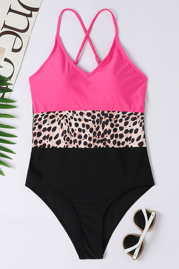 Colorblock Leopard V-neck One Piece Swimsuit-Charmo