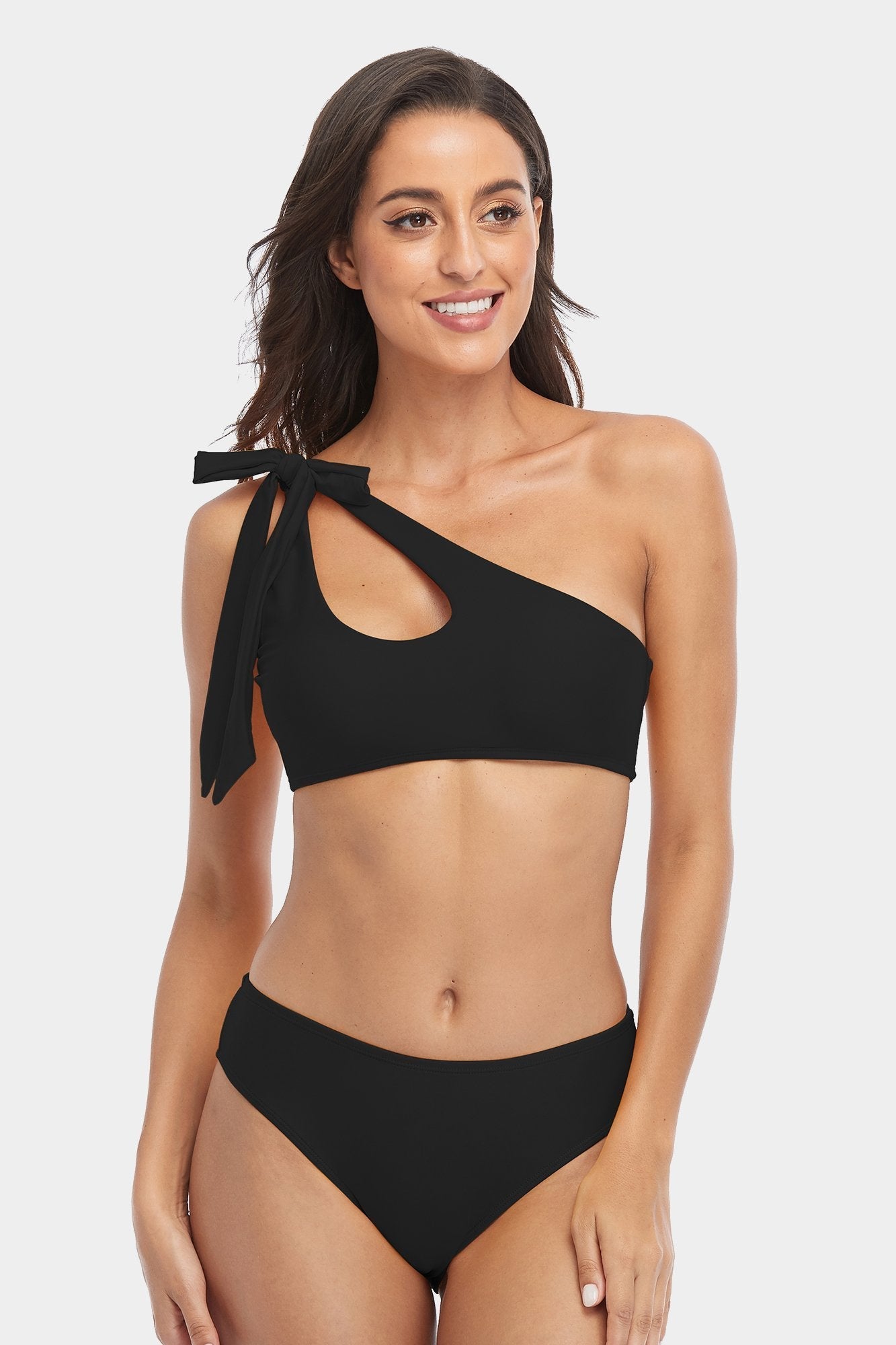 Solid One Shoulder Tie Hollow Out Bikini-Charmo
