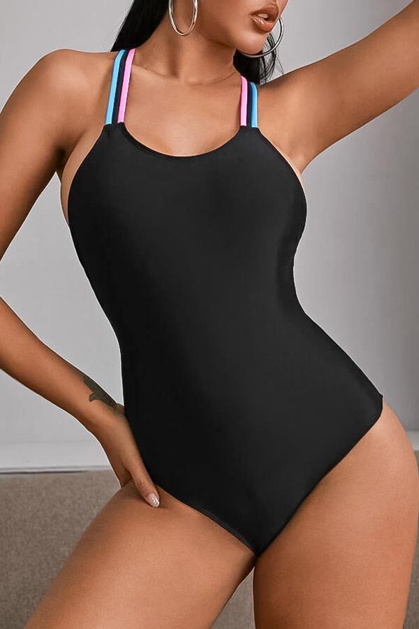 Black Colored Strappy One Piece Swimsuit-Charmo