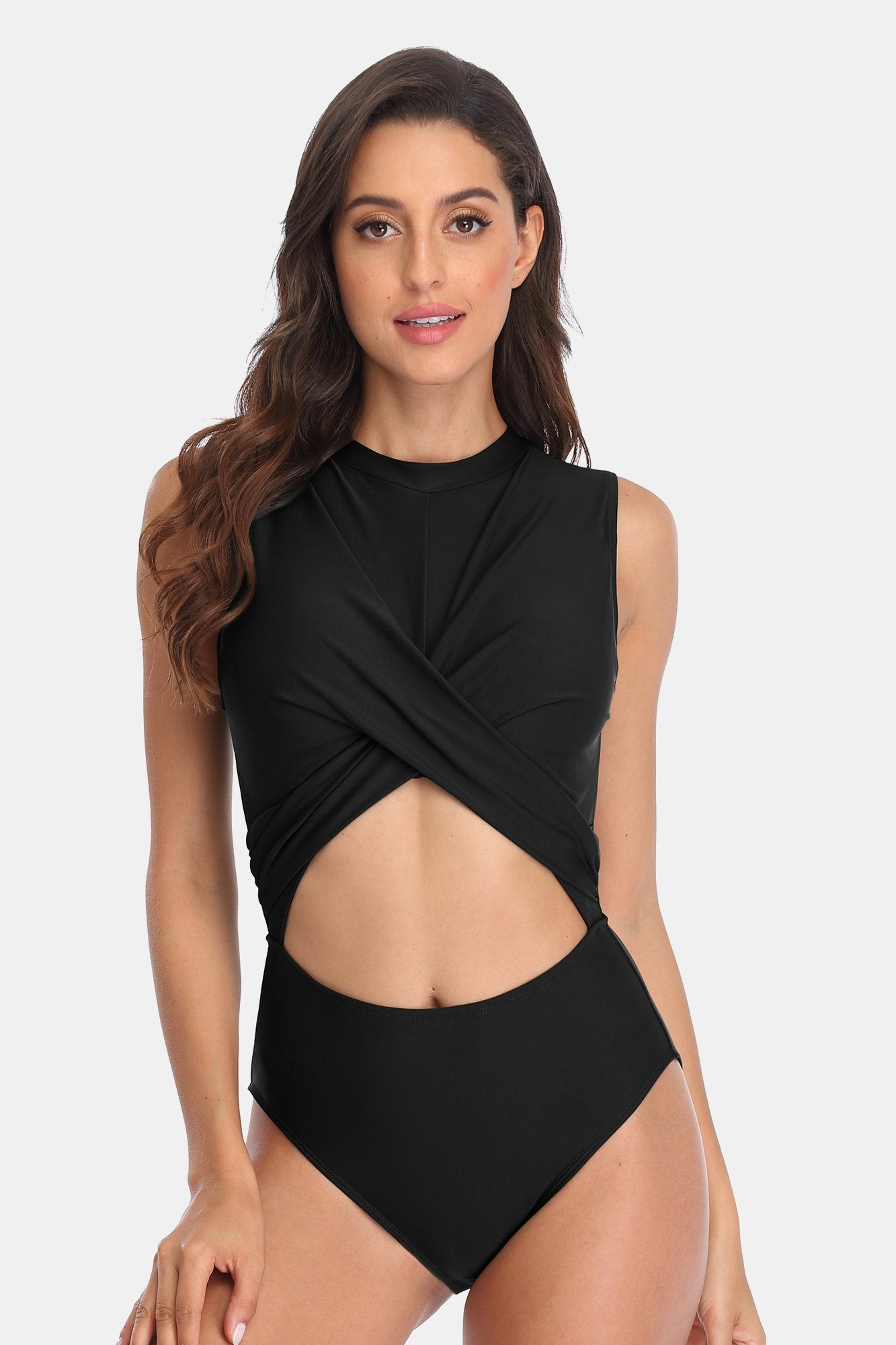 Solid Crewneck Crisscross Cutout One Piece Swimsuit-Charmo