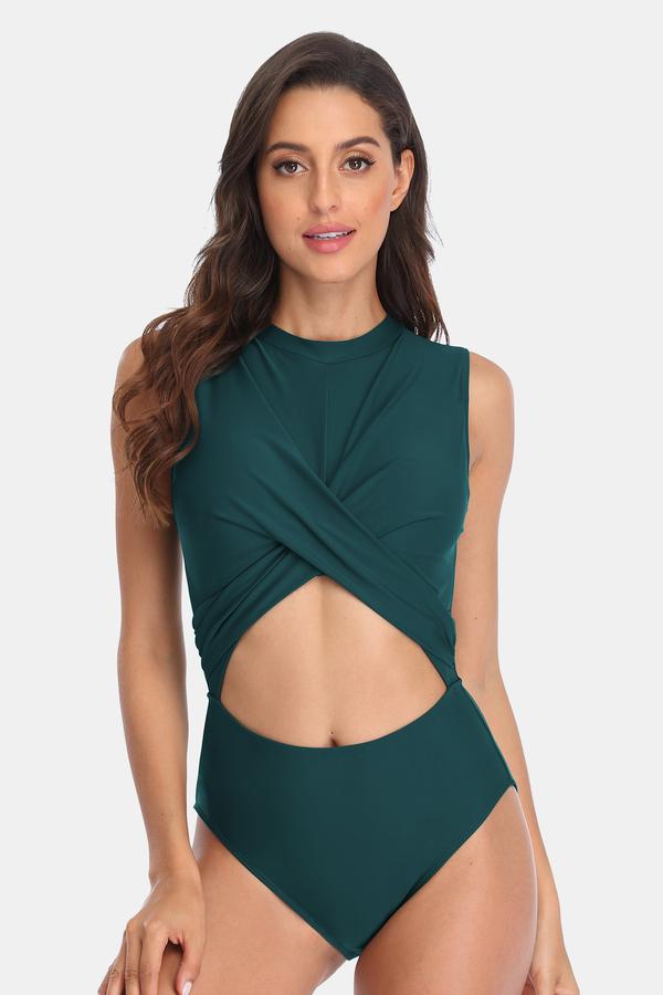 Solid Crewneck Crisscross Cutout One Piece Swimsuit-Charmo