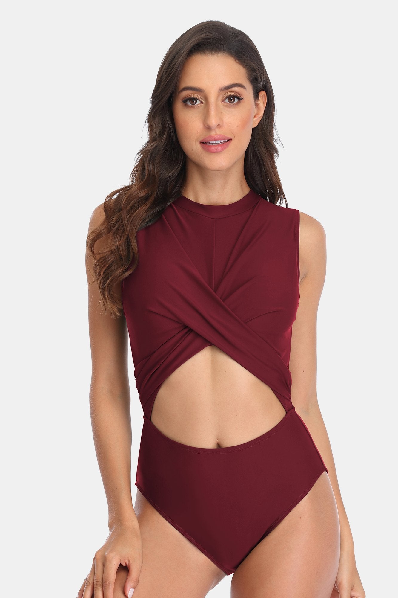 Solid Crewneck Crisscross Cutout One Piece Swimsuit-Charmo