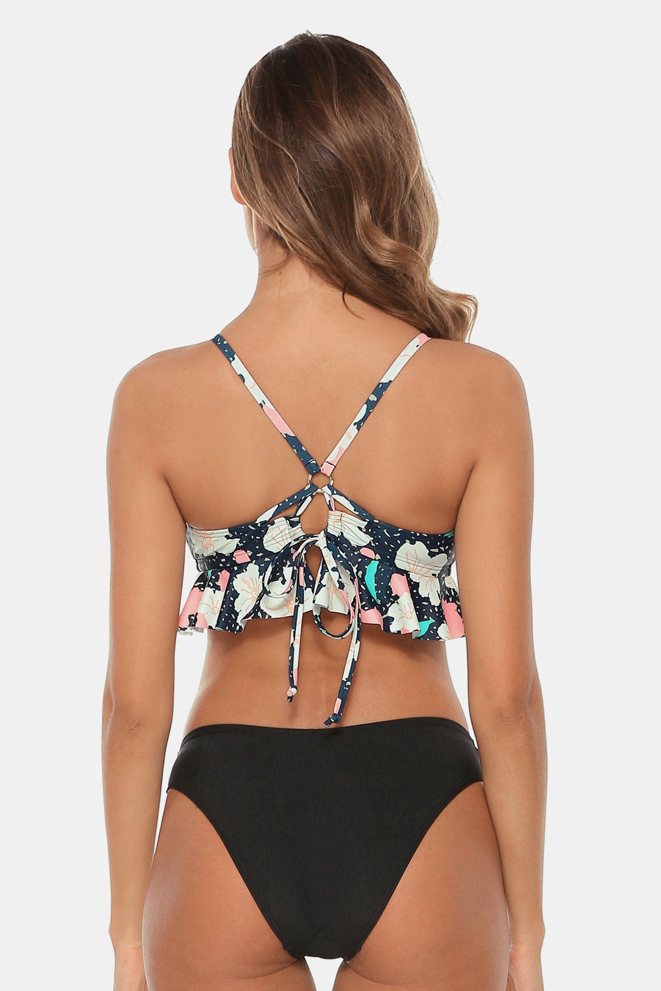 Cute Floral Print Ruffled Hem Bikini-Charmo