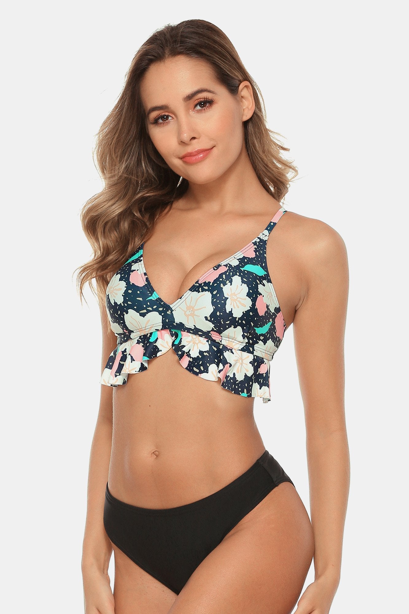 Cute Floral Print Ruffled Hem Bikini-Charmo