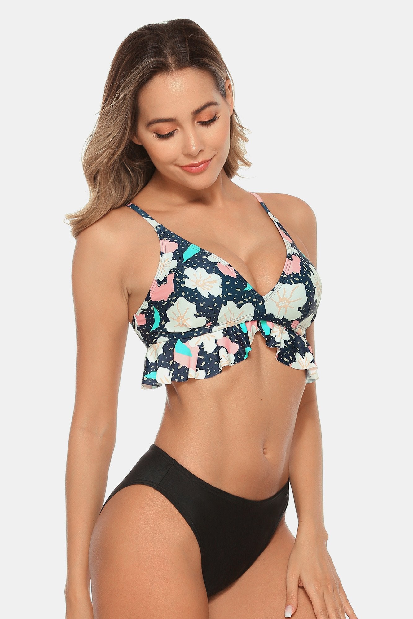 Cute Floral Print Ruffled Hem Bikini-Charmo