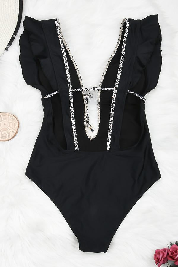 Plunge Ruffled Backless One Piece Swimsuit-Charmo