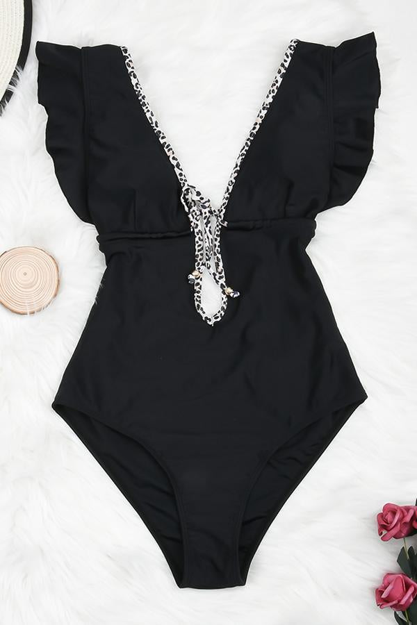 Plunge Ruffled Backless One Piece Swimsuit-Charmo