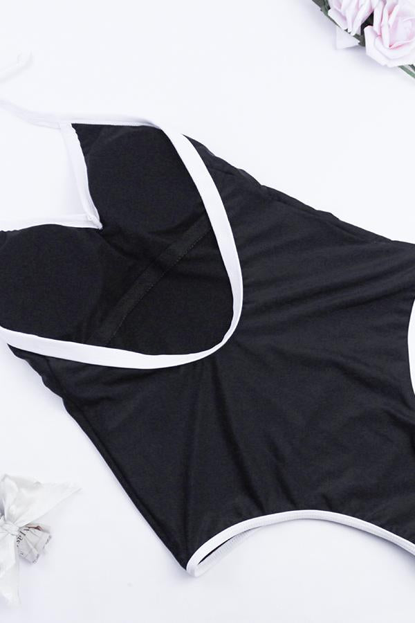 Contrast Color Halter Backless One Piece Swimsuit-Charmo