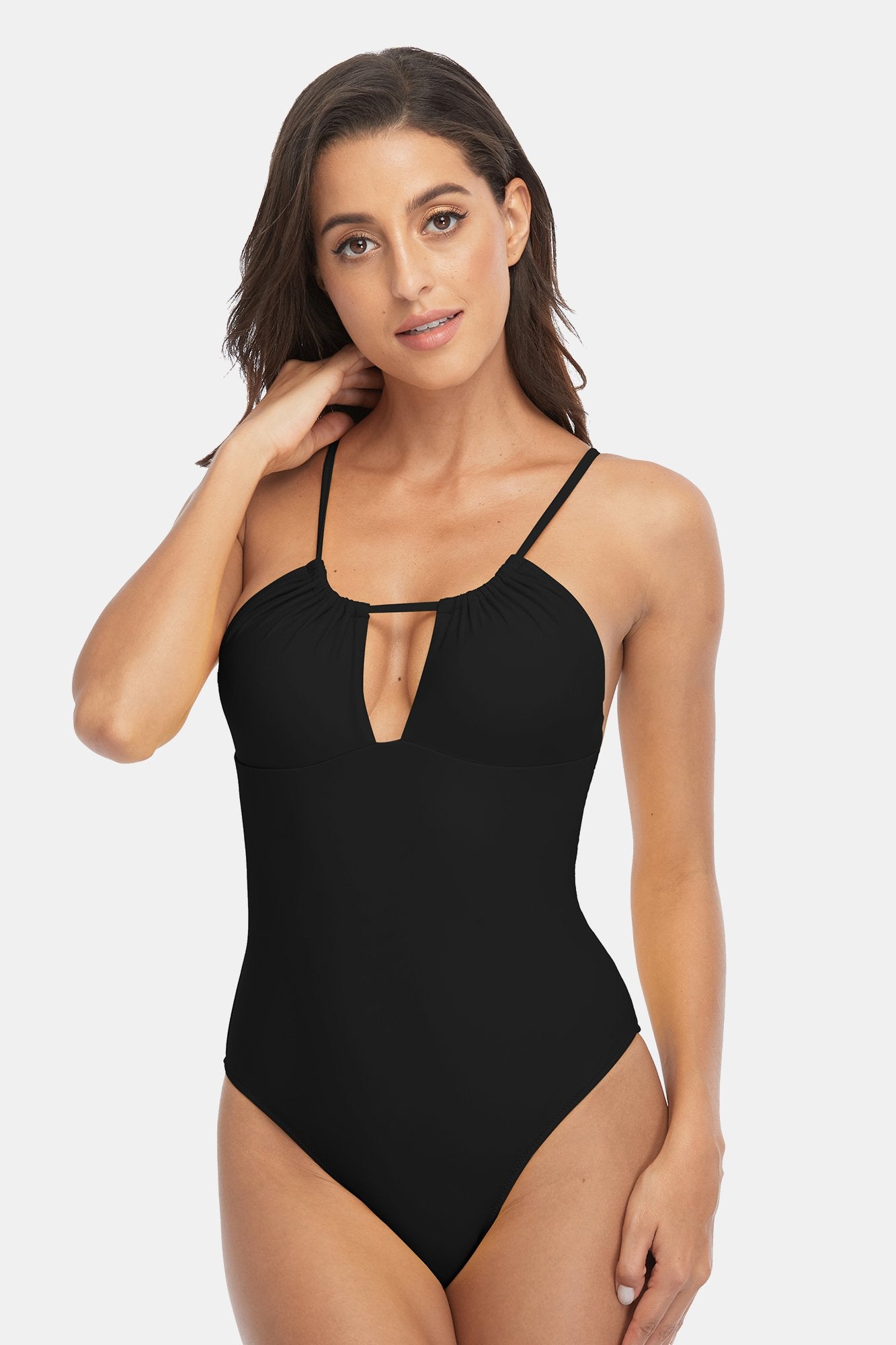 Solid Hollow Out Halter One Piece Swimsuit-Charmo