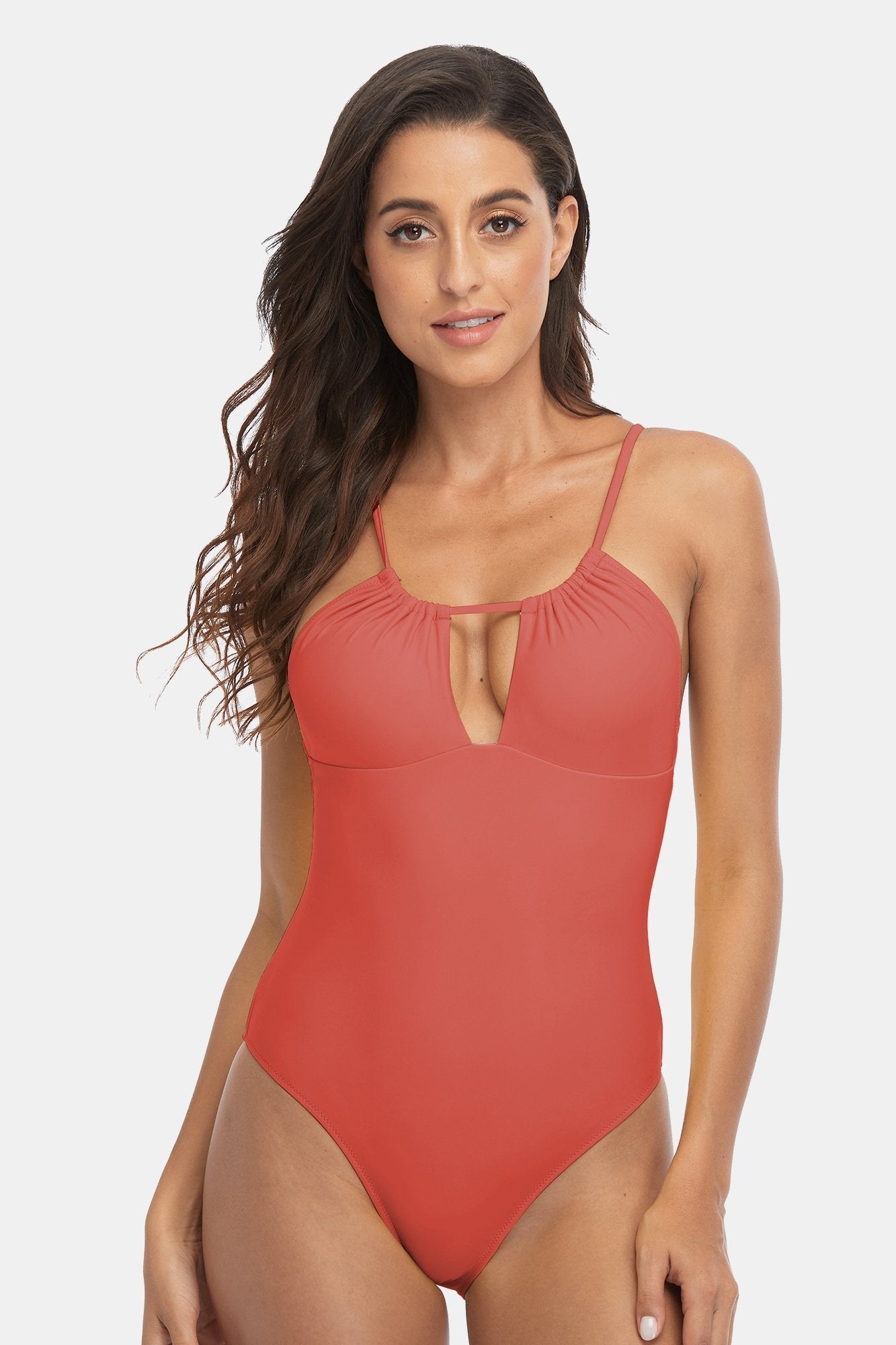 Solid Hollow Out Halter One Piece Swimsuit-Charmo