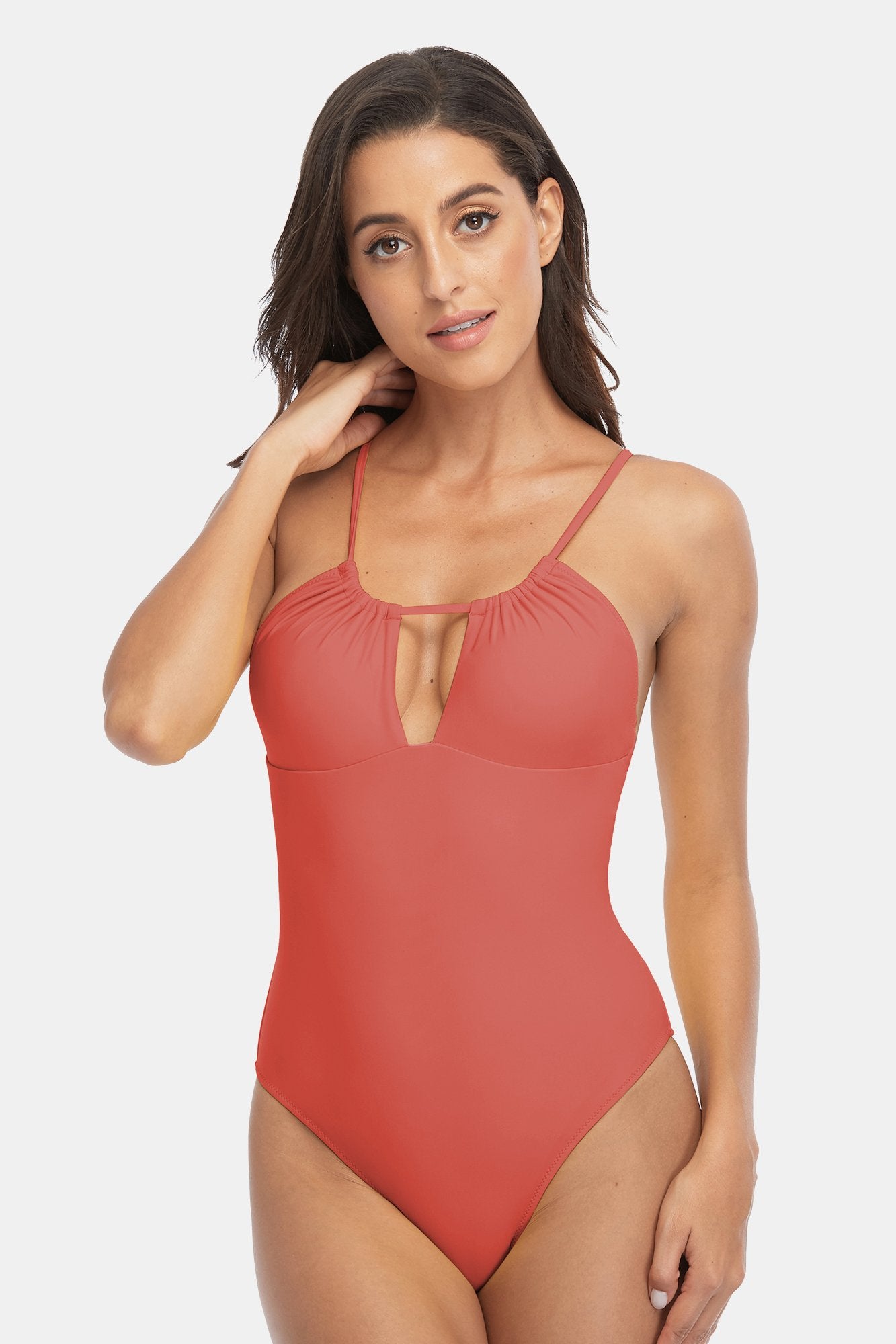 Solid Hollow Out Halter One Piece Swimsuit-Charmo