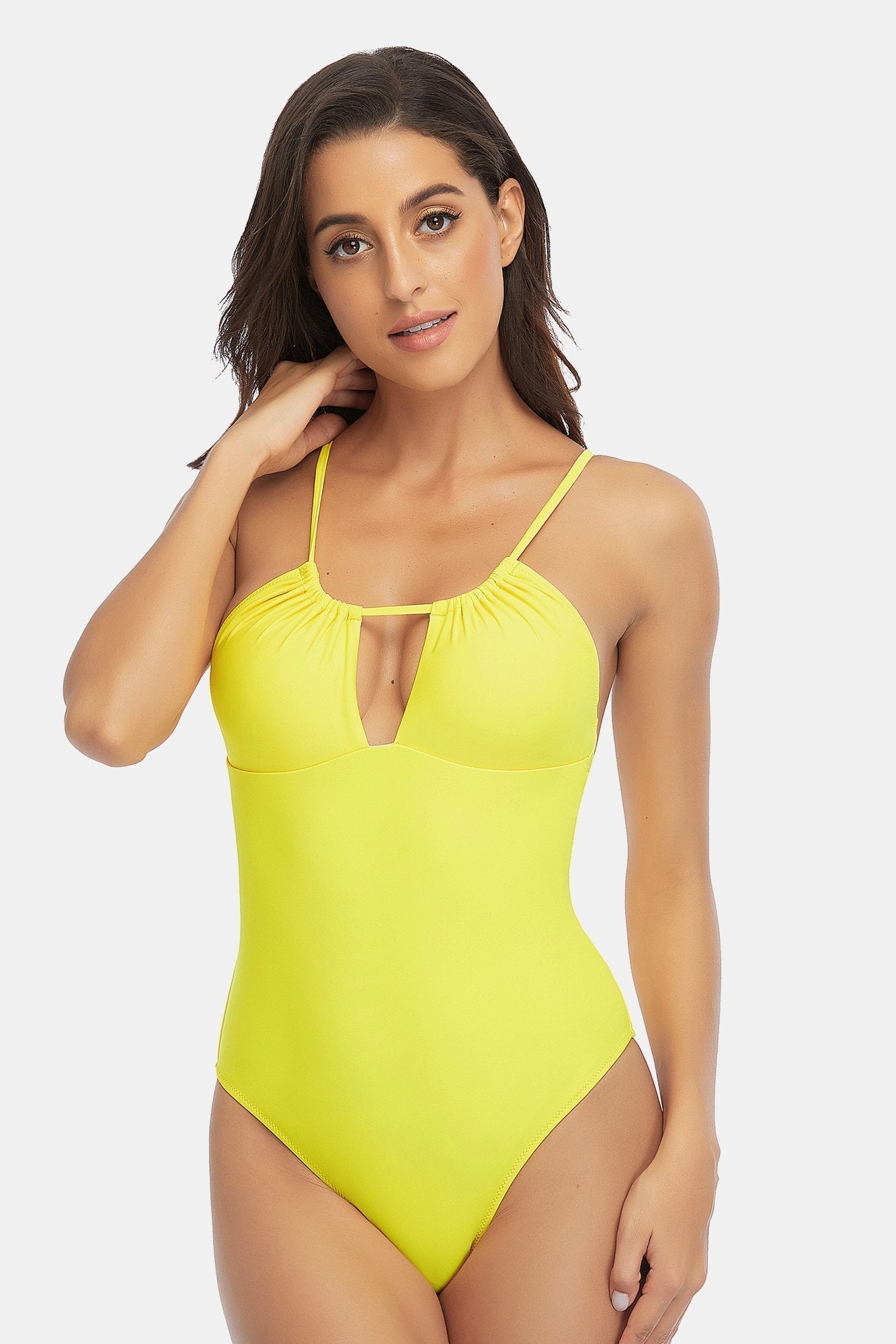 Solid Hollow Out Halter One Piece Swimsuit-Charmo