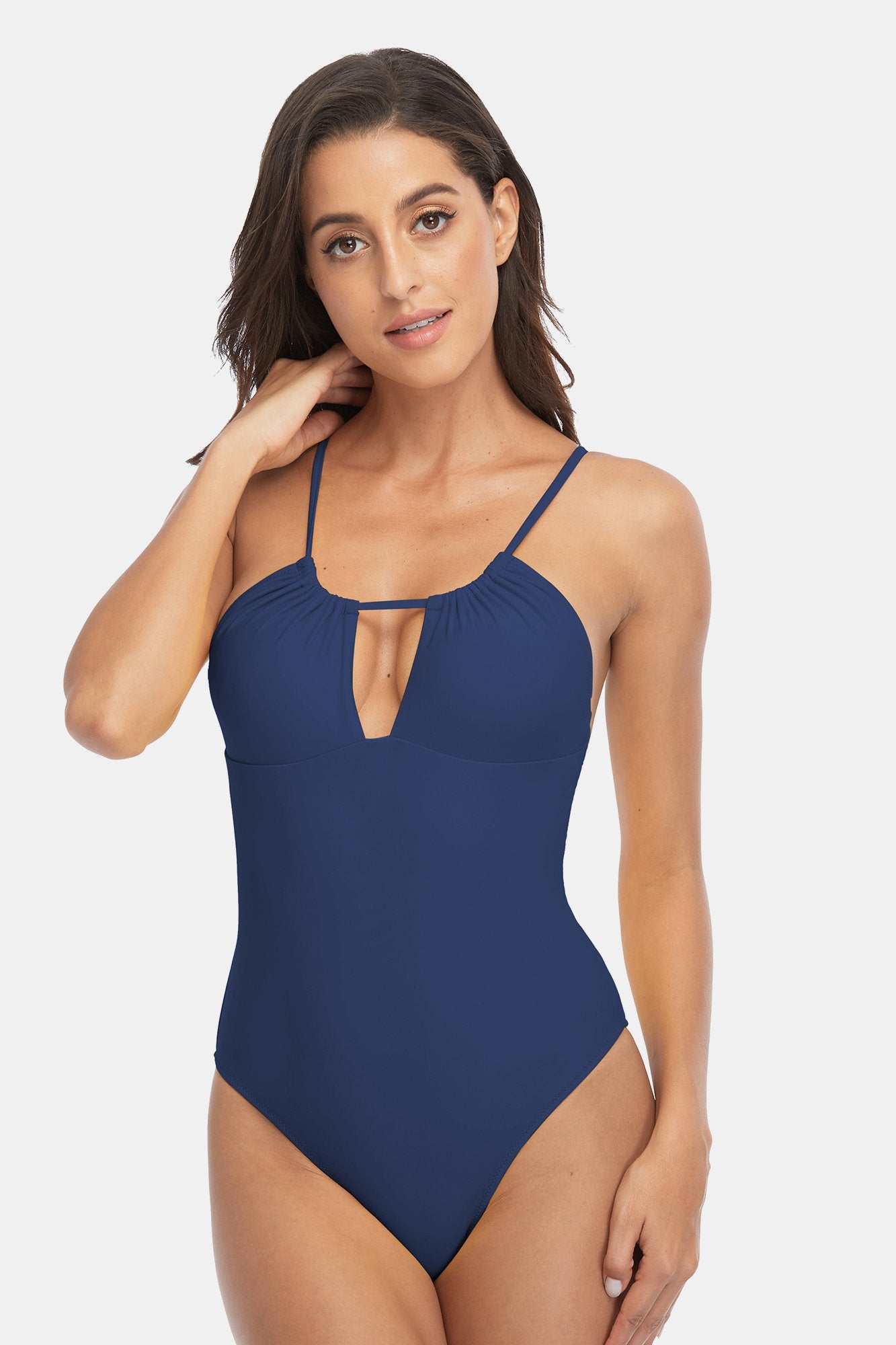 Solid Hollow Out Halter One Piece Swimsuit-Charmo