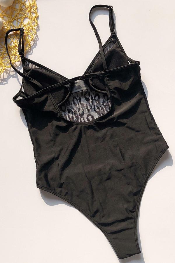 Leopard Halter Adjustable Strap One Piece Swimsuit-Charmo