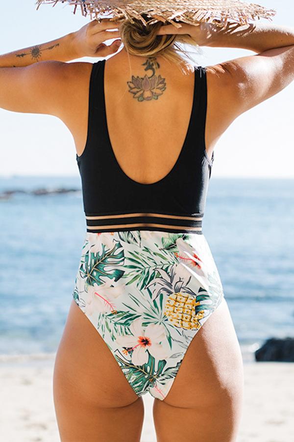 Clearance | Black and Leaves Printed Halter One Piece Swimsuit-Charmo