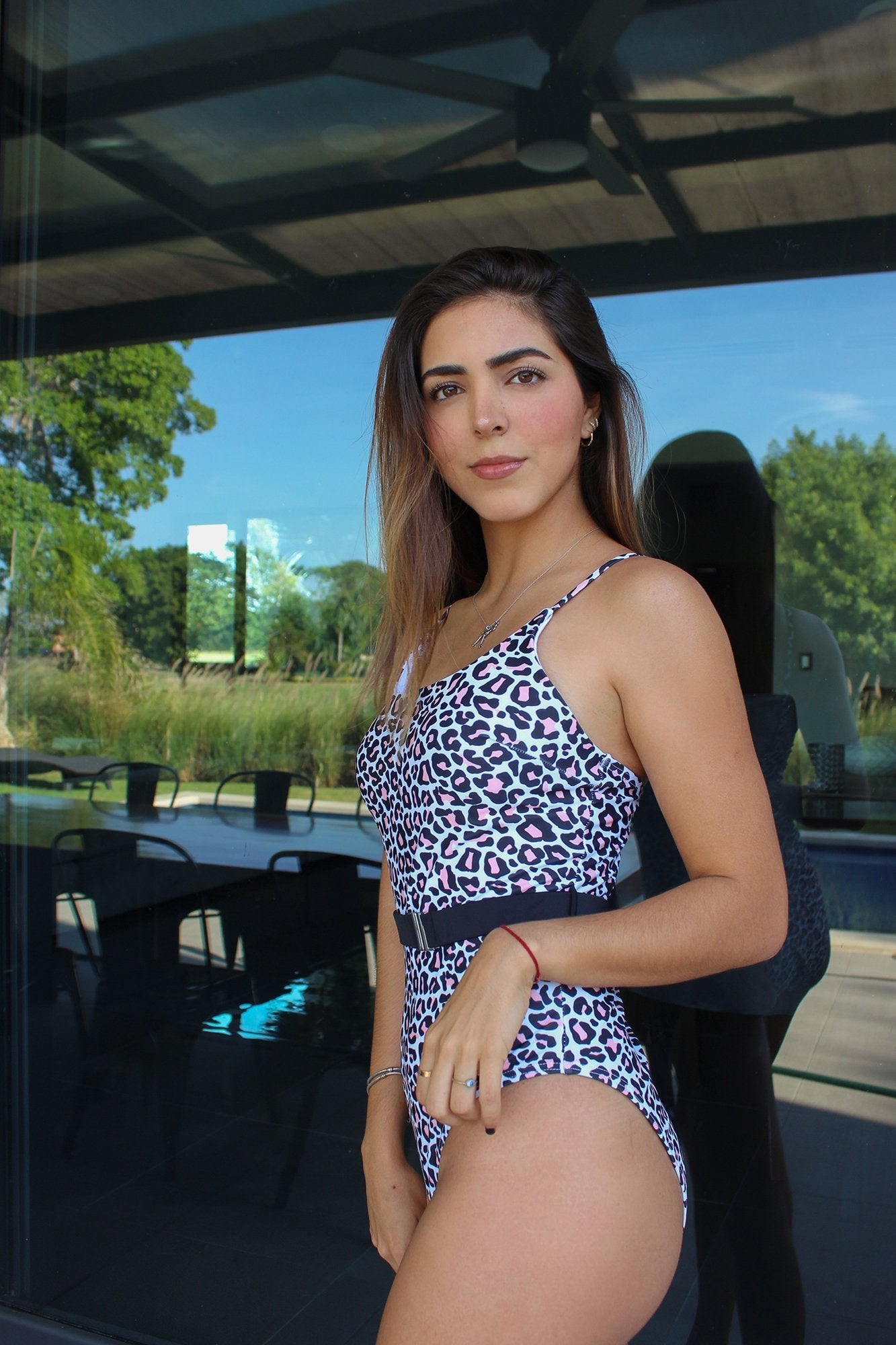Leopard Printed Belted Halter One Piece Swimsuit-Charmo