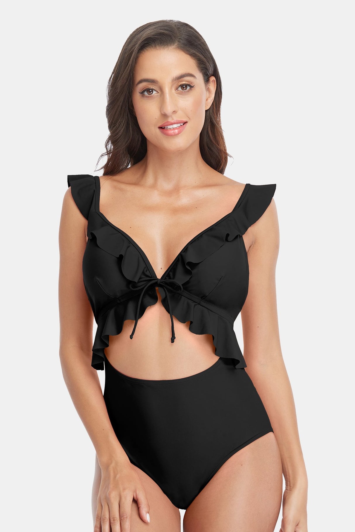 Yellow Floral Ruffled Cutout One Piece Swimsuit-Charmo