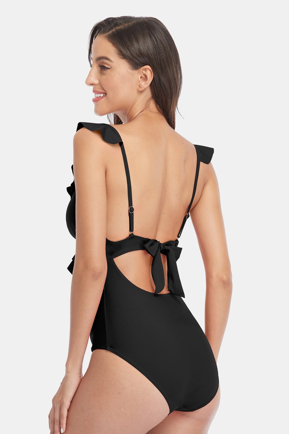 Yellow Floral Ruffled Cutout One Piece Swimsuit-Charmo