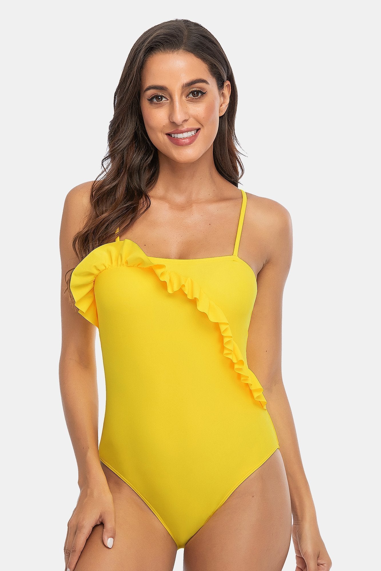 Solid Ruffled Halter One Piece Swimsuit-Charmo