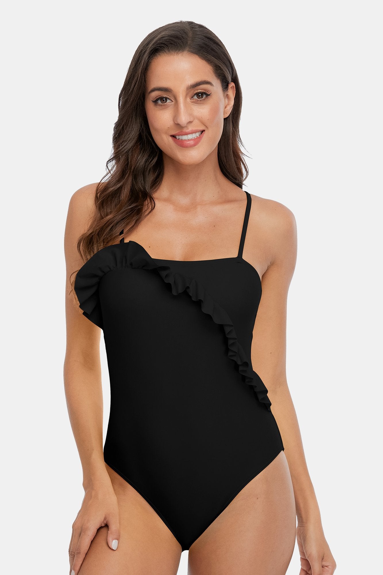 Solid Ruffled Halter One Piece Swimsuit-Charmo