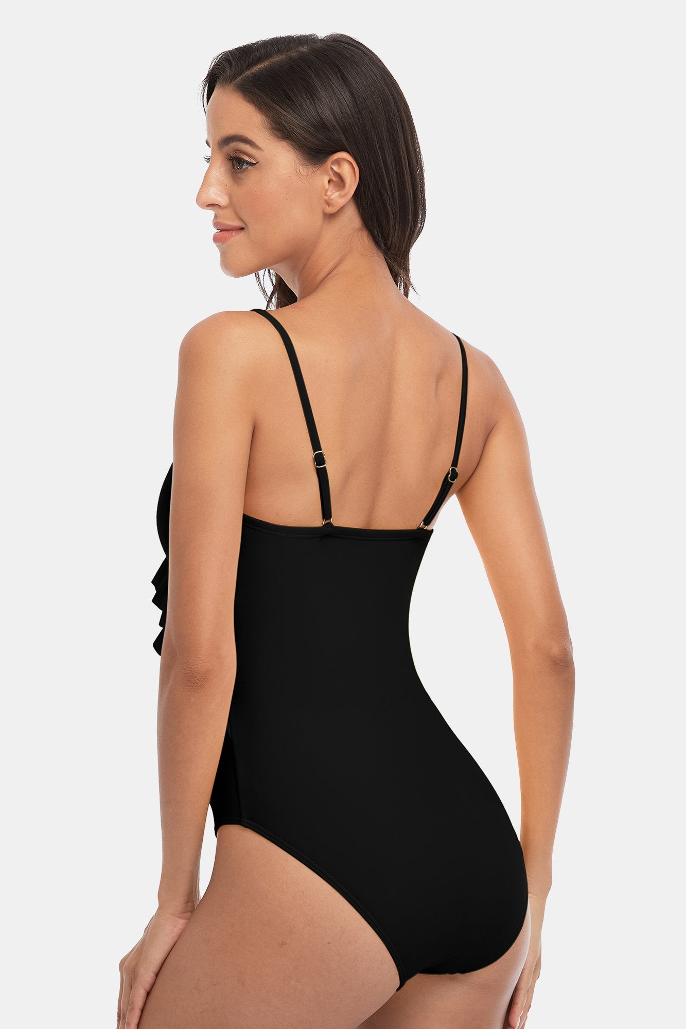 Solid Ruffled Halter One Piece Swimsuit-Charmo