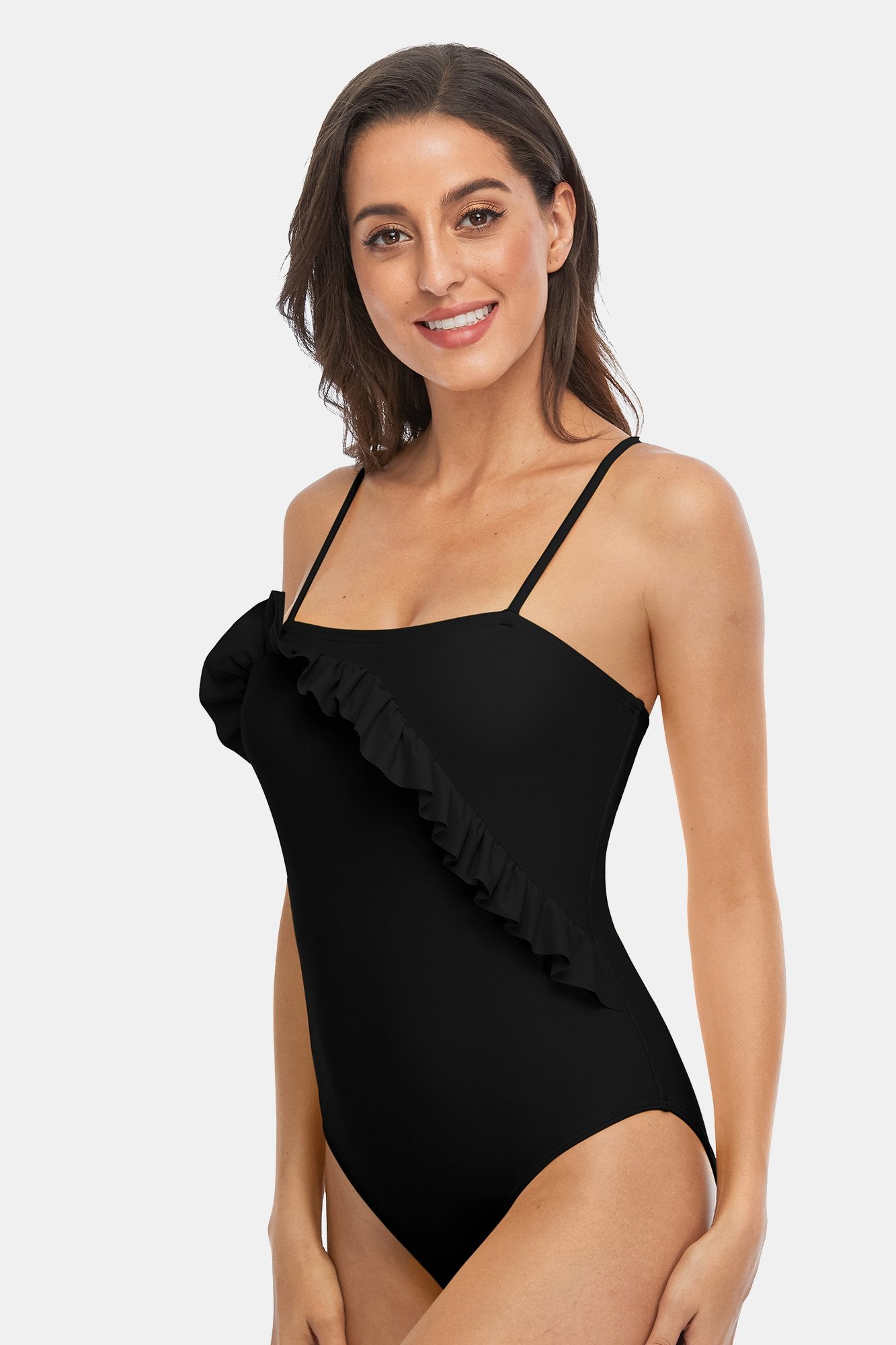 Solid Ruffled Halter One Piece Swimsuit-Charmo