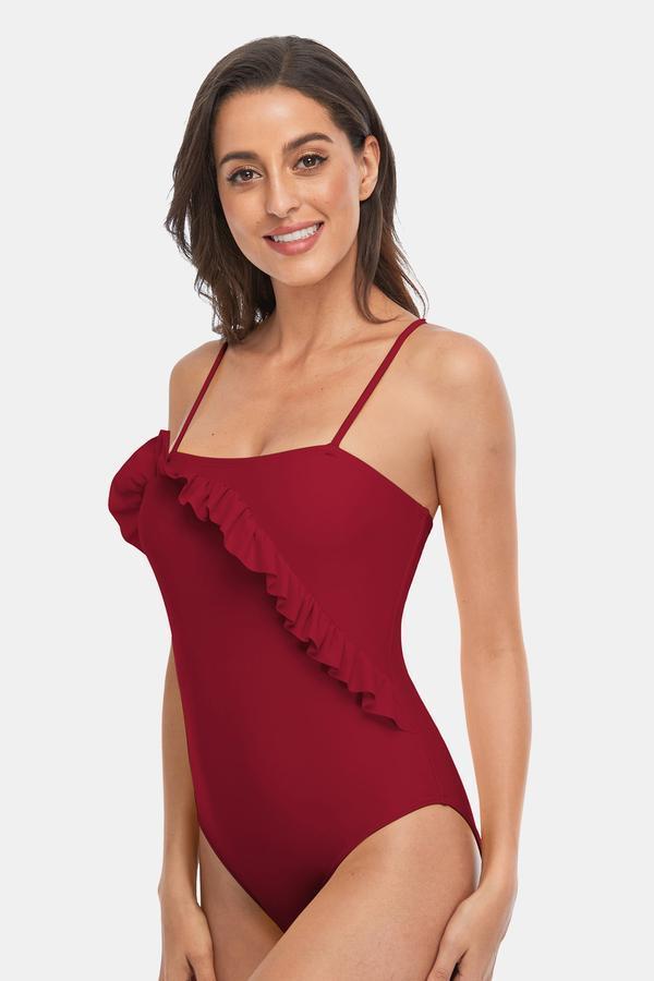 Solid Ruffled Halter One Piece Swimsuit-Charmo