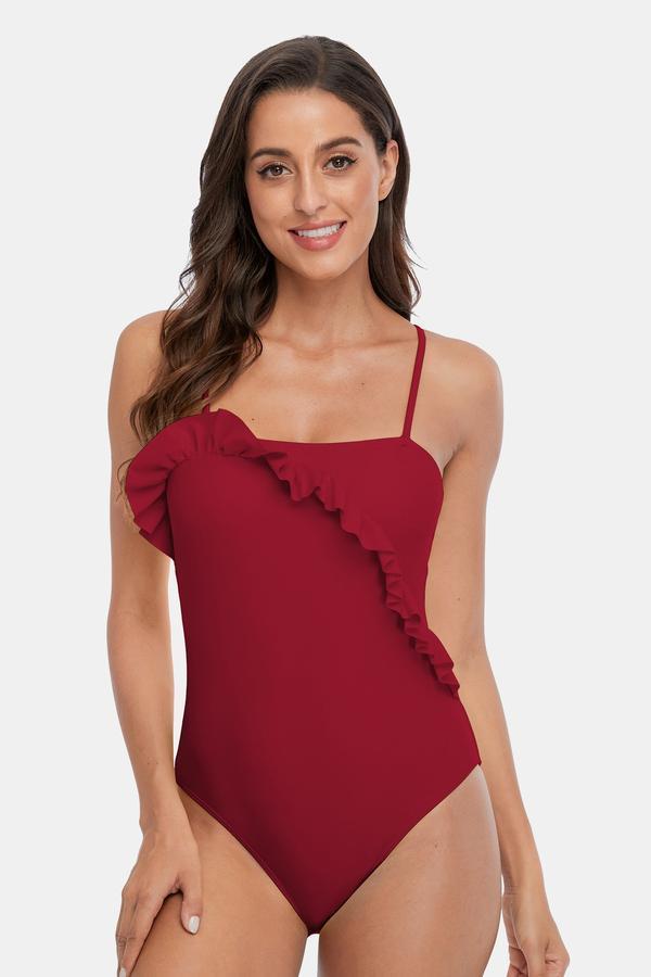 Solid Ruffled Halter One Piece Swimsuit-Charmo