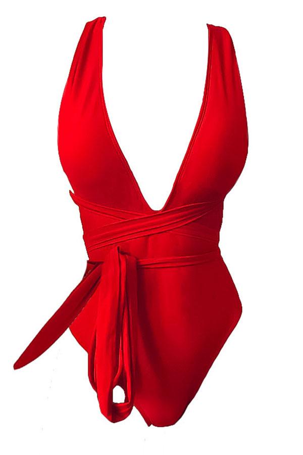 Plunge Lace-up Backless One Piece Swimsuit-Charmo