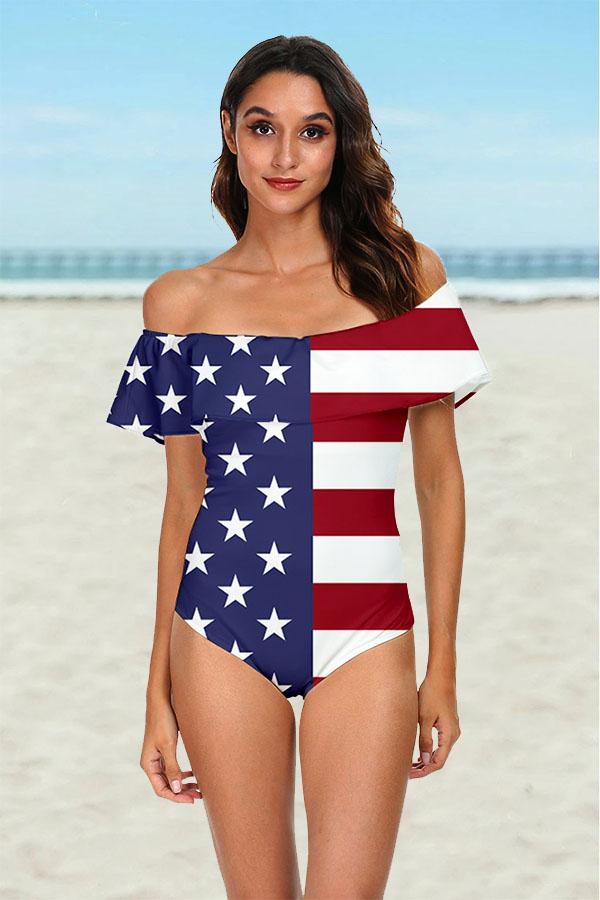 Clearance | USA Flag Off The Shoulder One Piece Swimsuitsuit-Charmo
