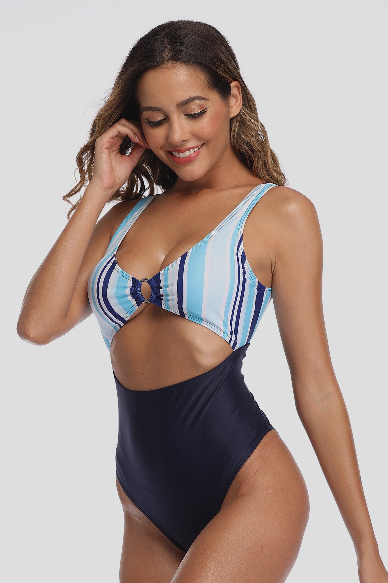 Navy Halter Stripe Cutout One Piece Swimsuit-Charmo