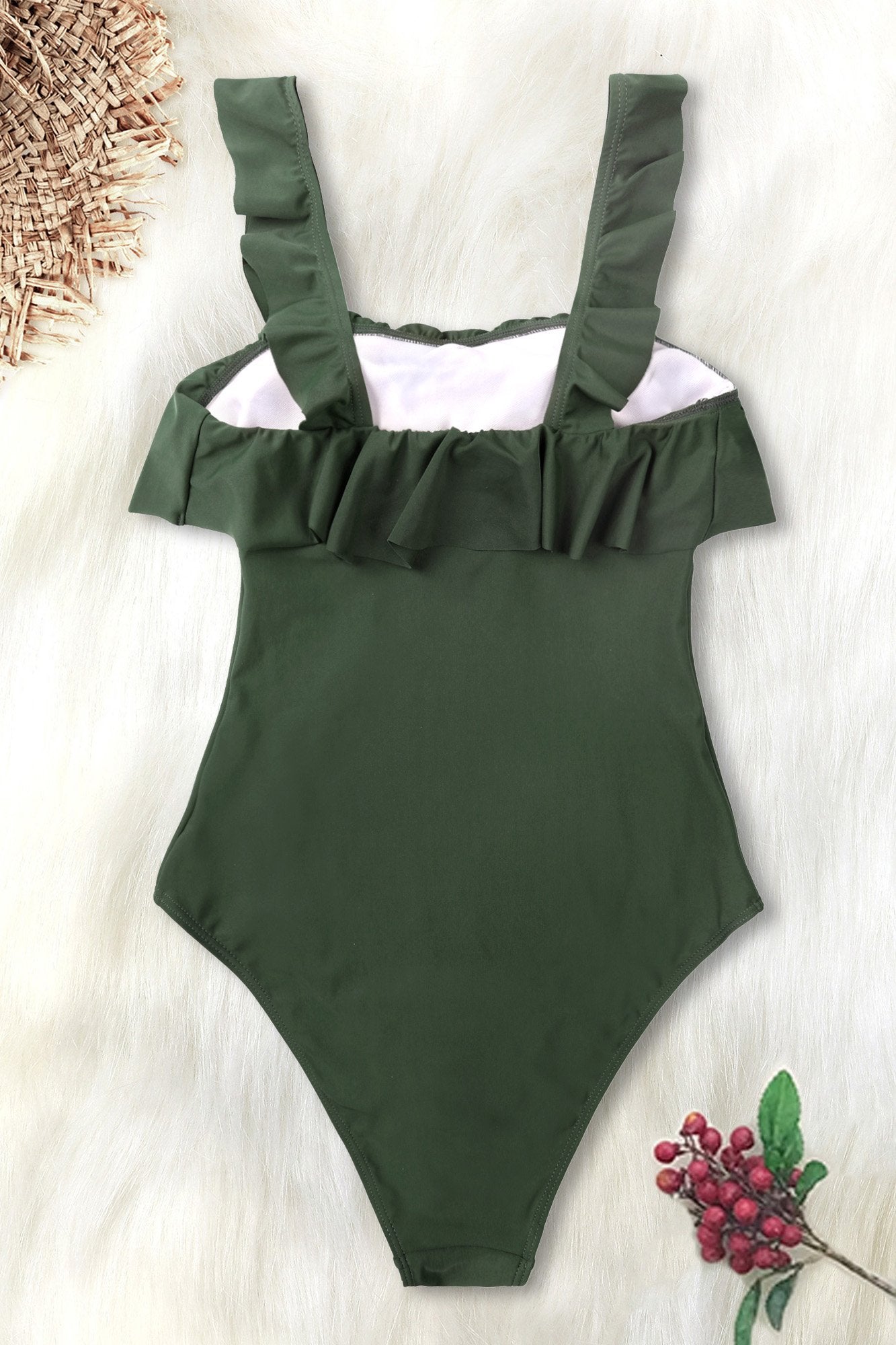 Olive Ruffled One Piece Swimsuit-Charmo