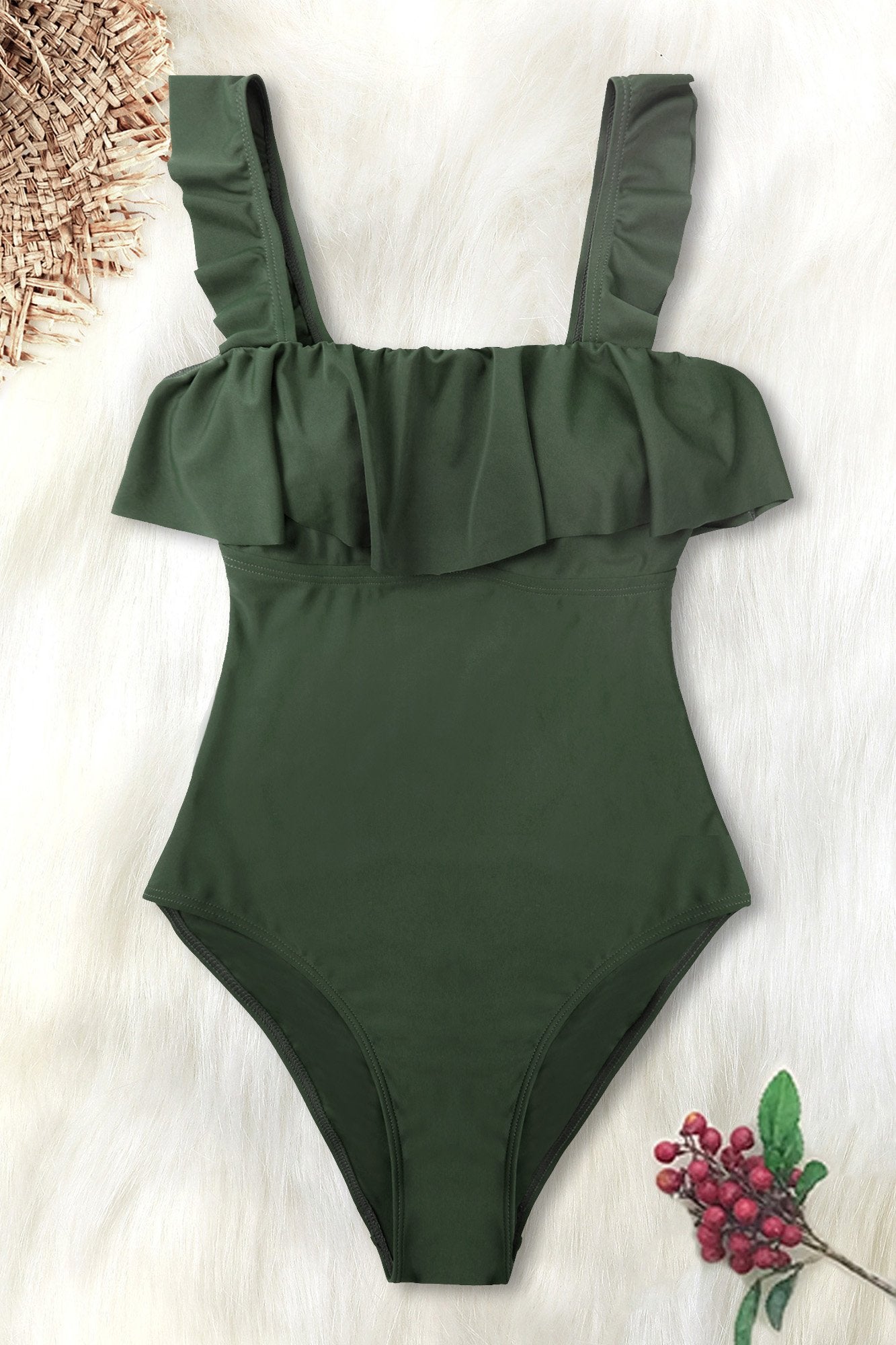 Olive Ruffled One Piece Swimsuit-Charmo