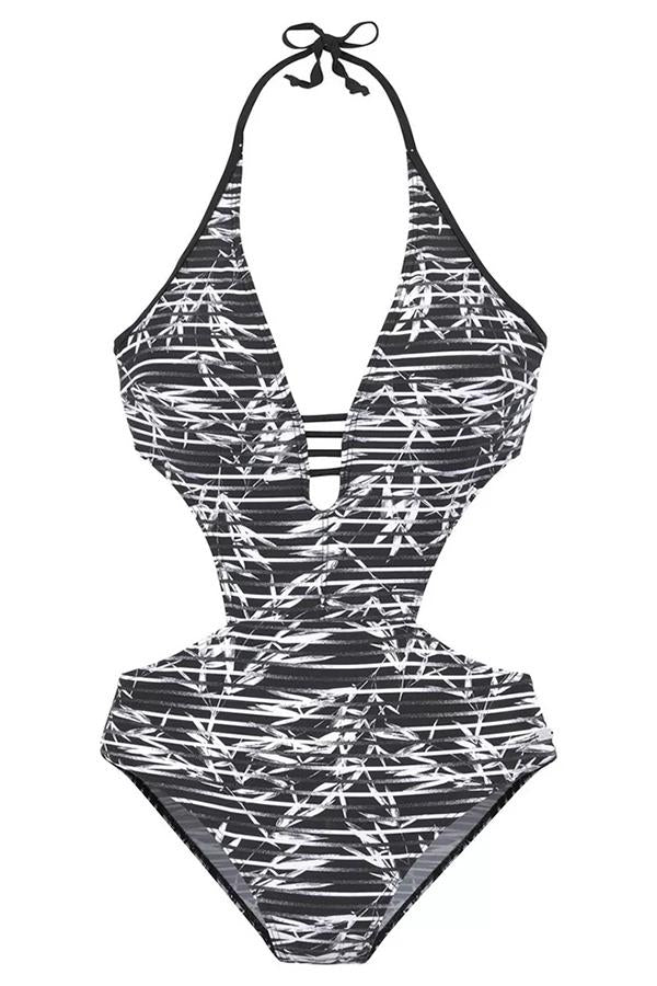 Bamboo Leaf Print Halter One Piece Swimsuit-Charmo