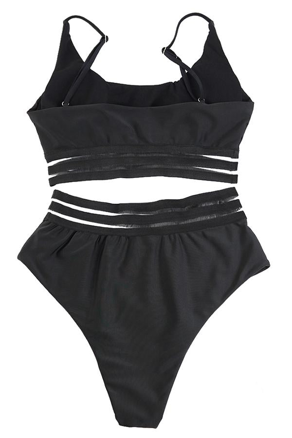Black Halter High Waist Striped Bikinis-Charmo